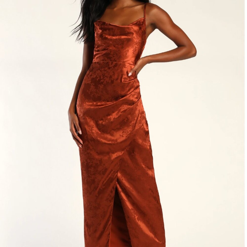 Lulus Under the Moonlight Rust Orange Satin Jacquard Maxi Dress